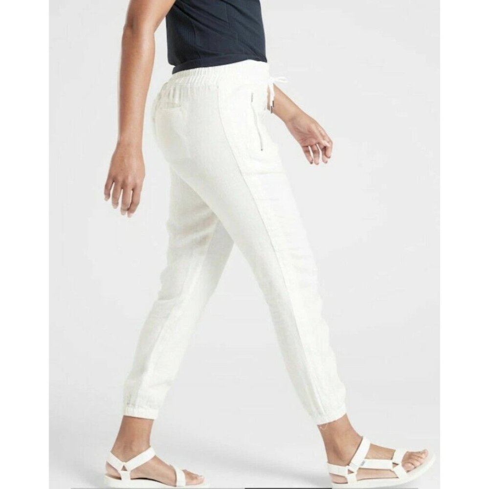 Athleta Cabo Lily Linen Jogger Pants White Size 6 Elastic Waist Lightweight
